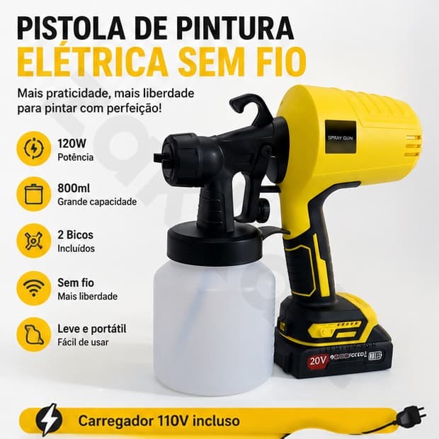 110V Pistola de Pintura Portátil 120W Sem Fio Tanque 800ml Bateria 20V J4