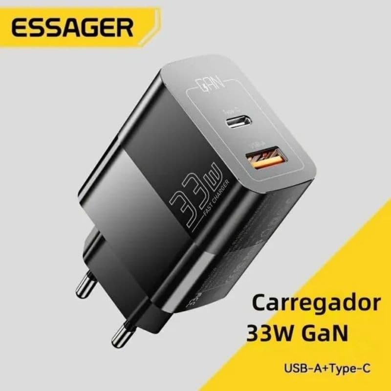 Carregador Turbo Essager 33W QC 3.0 + PD Rápido ⚡ Carregamento Ultra Rápido 🔋 USB-C + 2 Portas