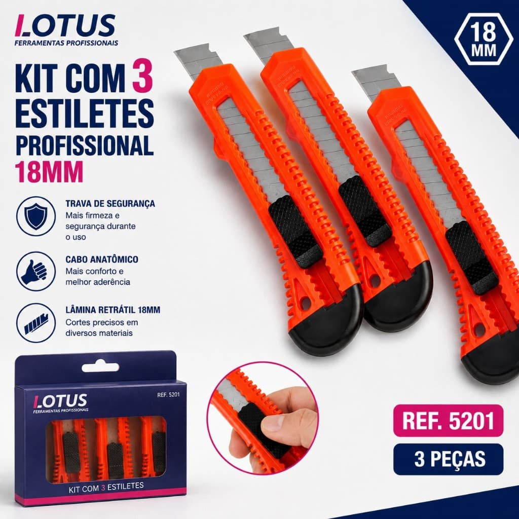 KIT Com 3 Estiletes Profissional 18mm com Trava de Segurança | 5201