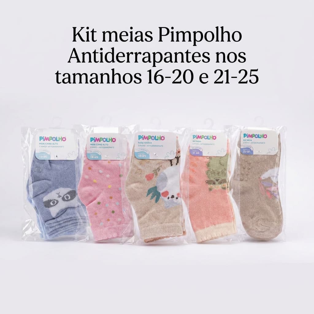 Kit 3 Pares Meia Infantil Pimpolho Colorida Tamanhos 16-20 e 21-25  – Algodão Macio e Antiderrapante