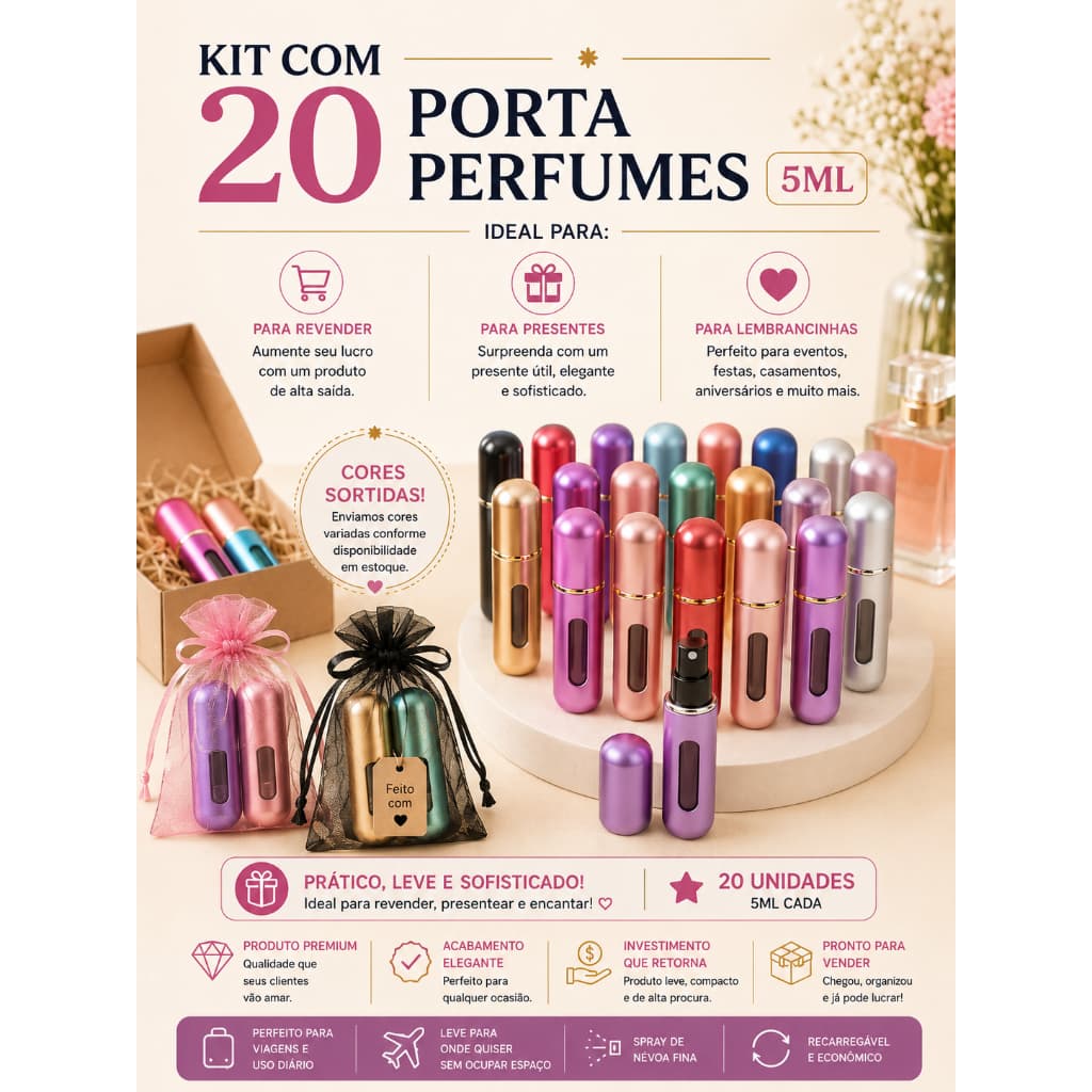 Kit 20 Porta Perfume Portatil Recarregável 5ml Mini Frasco Spray Com Visor  Para Viagem Bolsa Necessaire