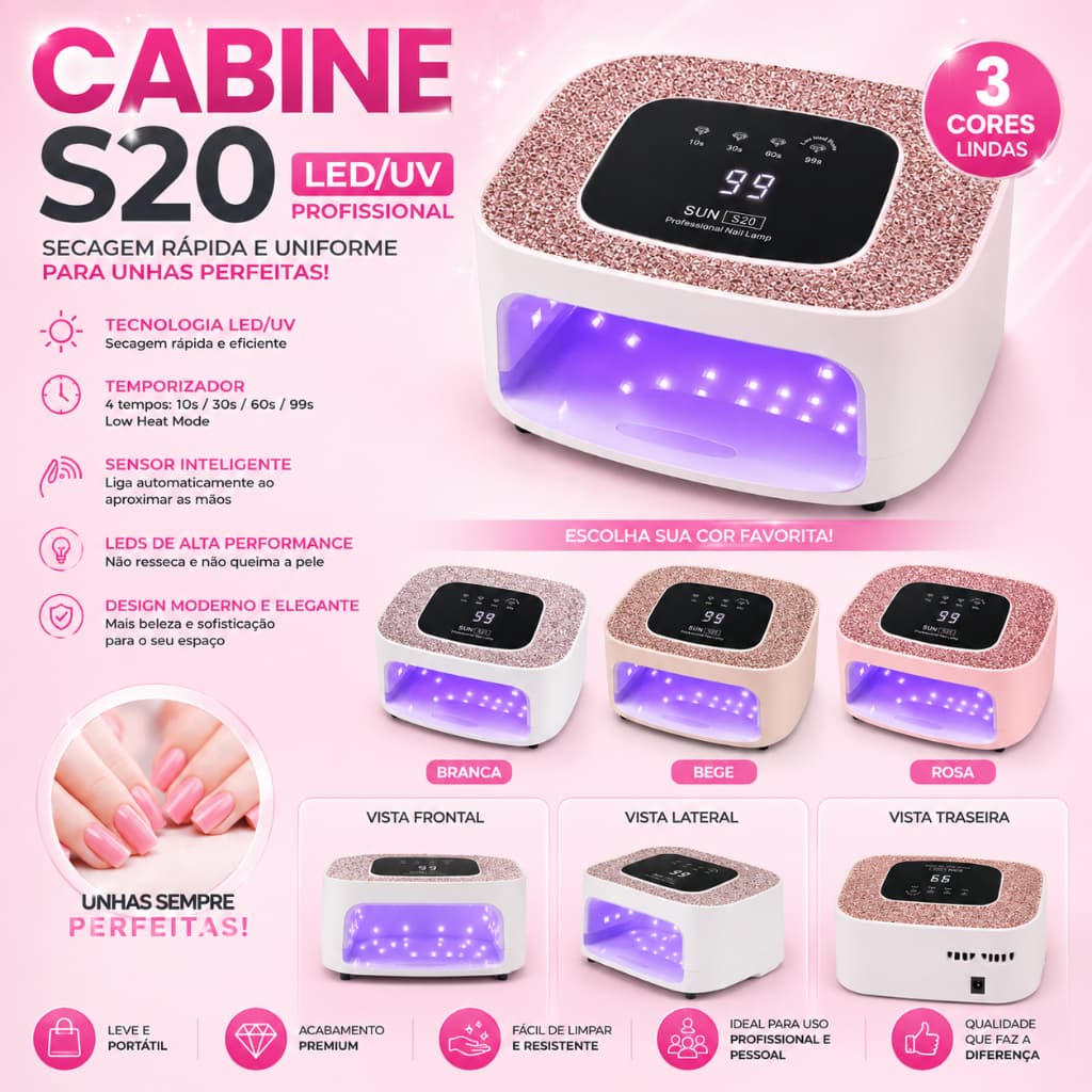 Cabine UV LED SUN S20 268W Profissional para Unhas em Gel Bivolt Strass