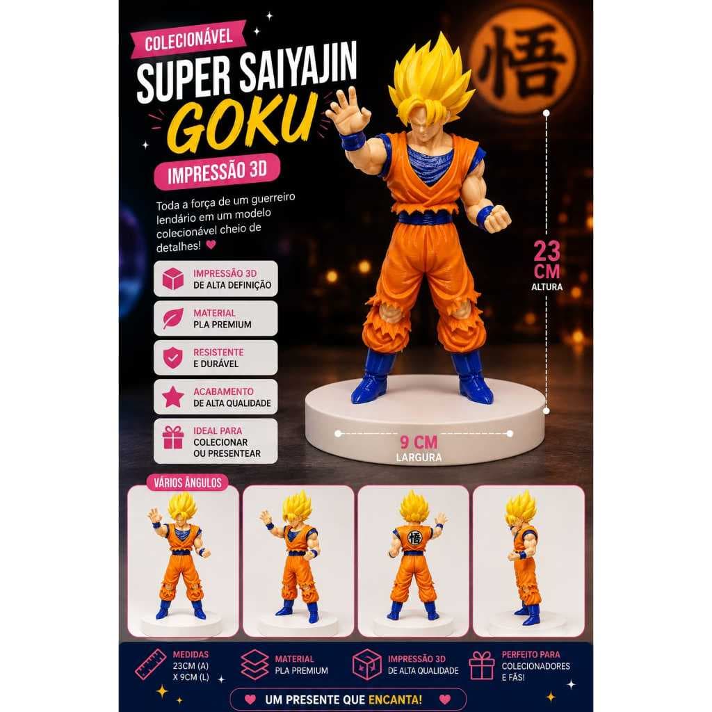 Goku Super Saiyajin – Boneco Colecionável em Impressão 3D | 23 cm