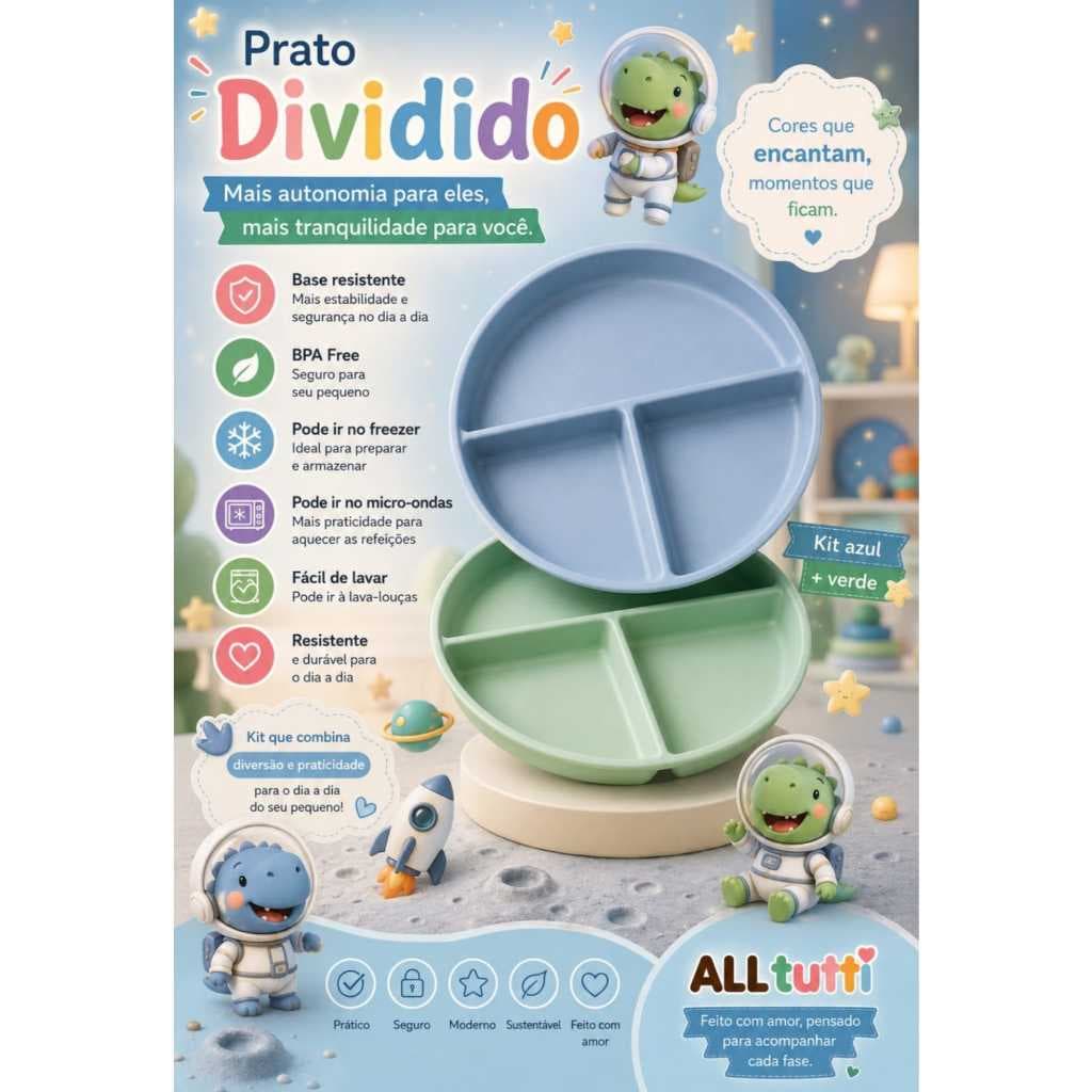 Kit 2 Prato Com Divisória Ecológico 22cm Introdução Alimentar Refeição Bebê Menino Azul