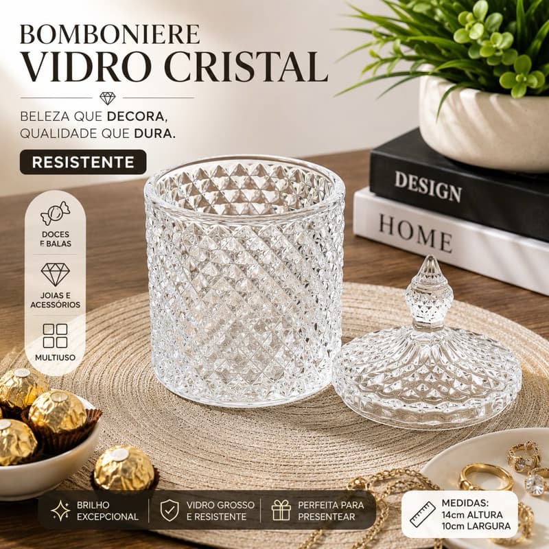 Bomboniere Vidro Lapidado Cristal Baleiro Potiche Porta Joia 14x10cm 300ml Resistente Porta Algodão