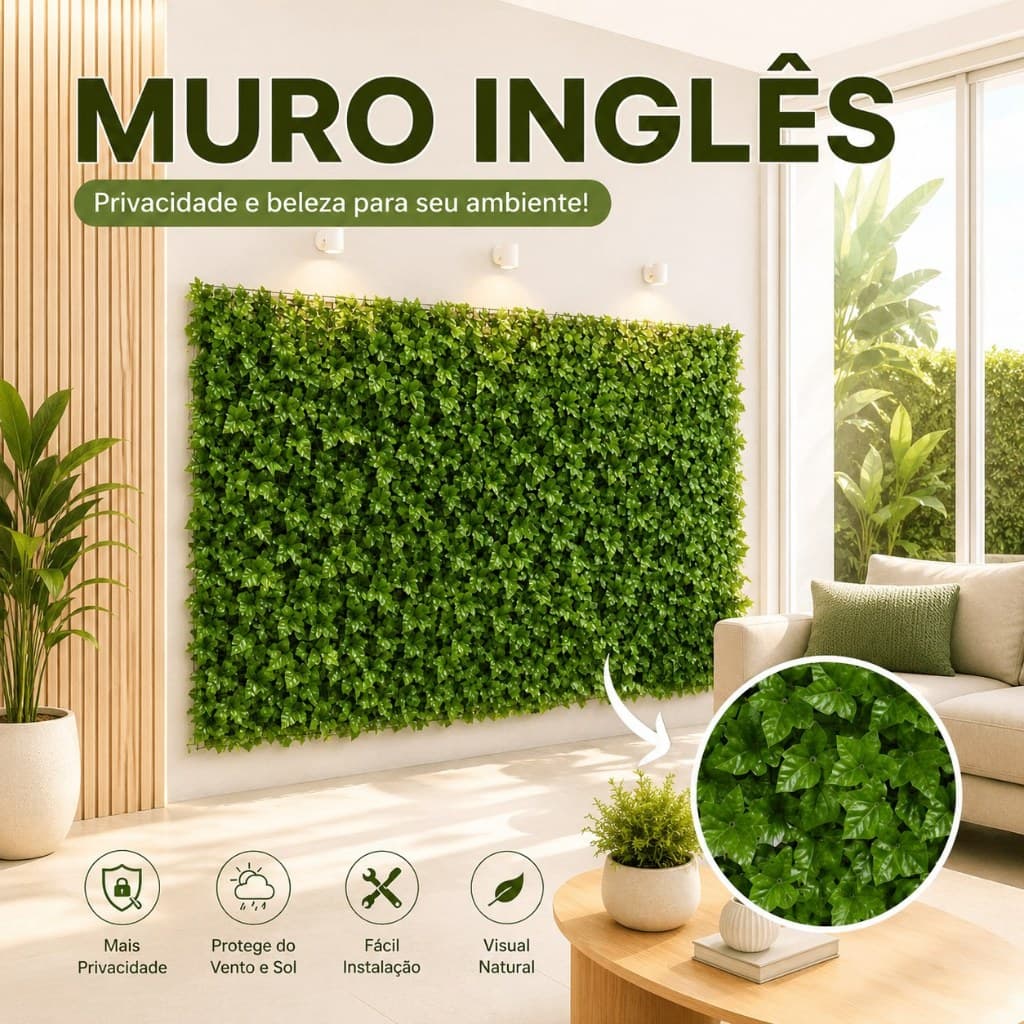 Muro Inglês 2x1m Hera Artificial Jardim Vertical Decorativo Folhagem Artificial Parede Interna Externa