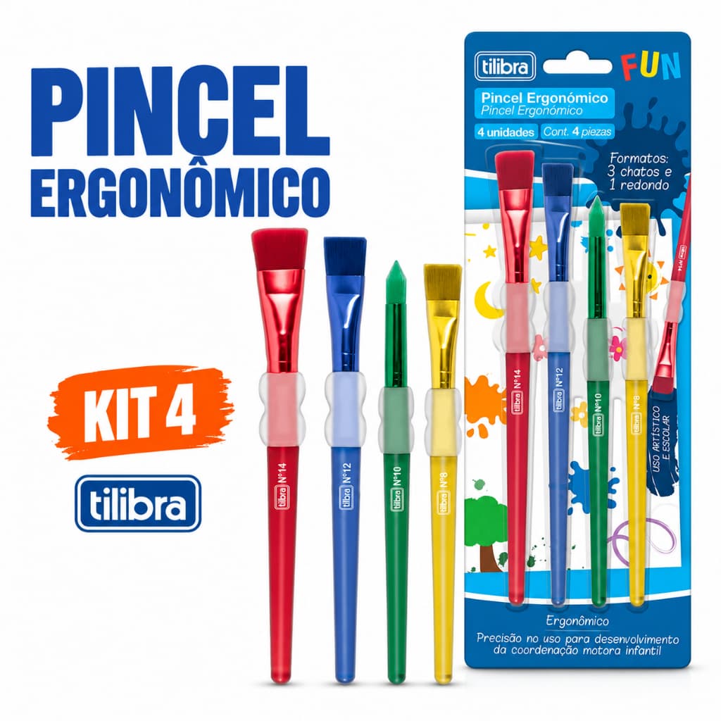 Pincel Artístico Ergonômico Fun TILIBRA Kit 4 Unidades 4 Cores para Pintura Escolar e Artística