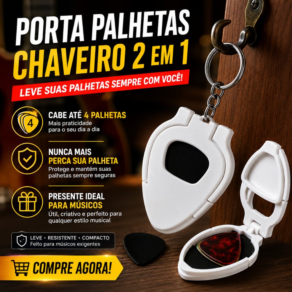 Porta Palhetas 2 em 1 Chaveiro para Guitarra Violão Baixo Capacidade 4 Palhetas Acessório Premium