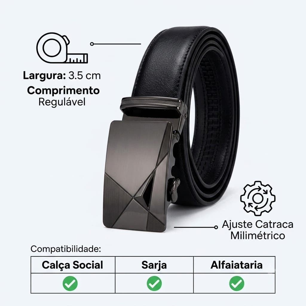 Cinto Masculino Social Preto Couro Sintético Fivela Automática Catraca Ajustável
