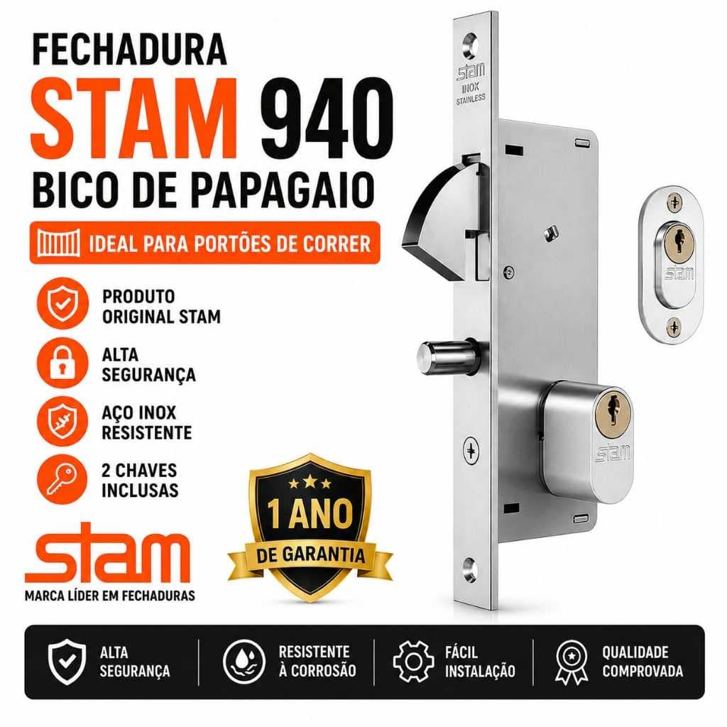 Fechadura Stam 940 Bico de Papagaio para Portão de Correr Aço Inox Original Alta Segurança 2 Chaves