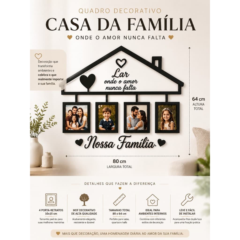Quadro Porta-Retratos 10x15 Casa da Família em MDF – Família