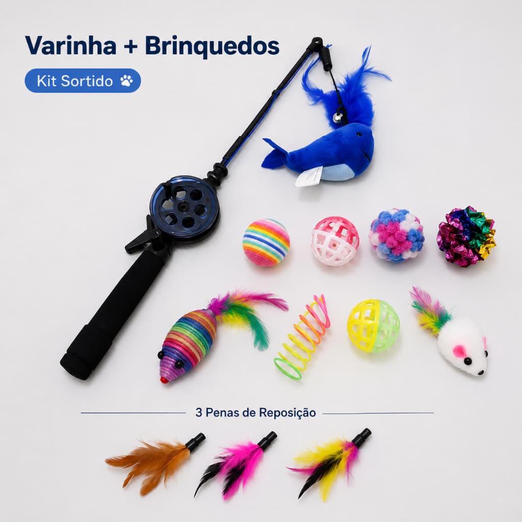 Kit Varinha de Pesca Retrátil para Gatos com 3 Ponteiras de Pena e 5 10 ou 20 Brinquedos Sortidos