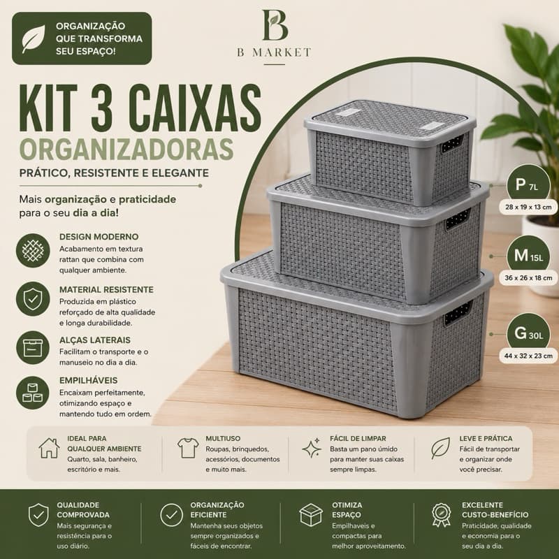 Kit 3 Caixas Organizadoras Tampa Rattan Retangular Cinza