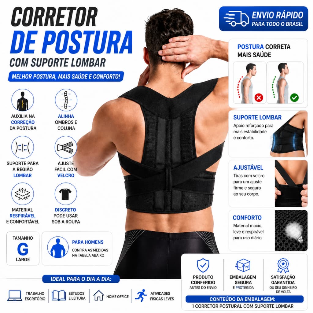 Corretor Postural Ortopédico Colete Ajustável Masculino G