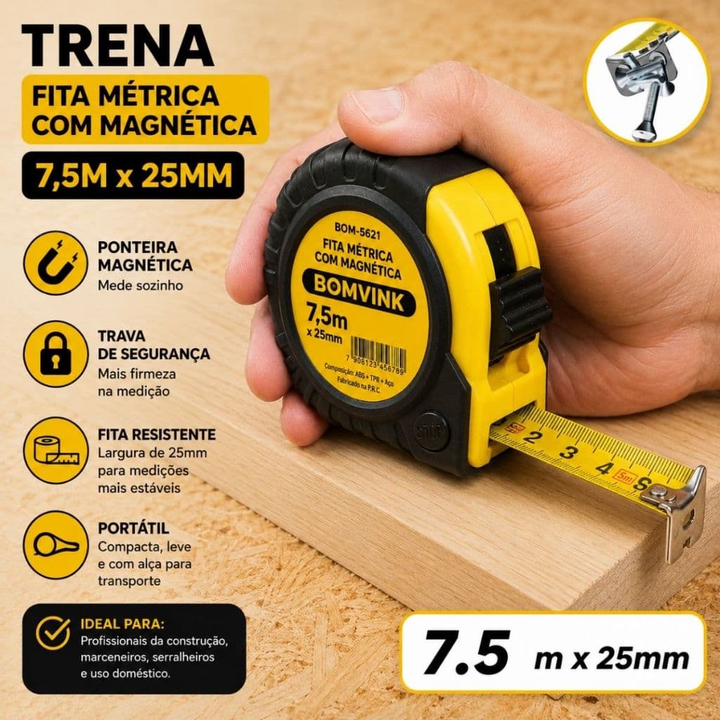Trena fita de aço 7,5m Profissional com Ímã e 3 Travas – Alta Precisão e Resistência