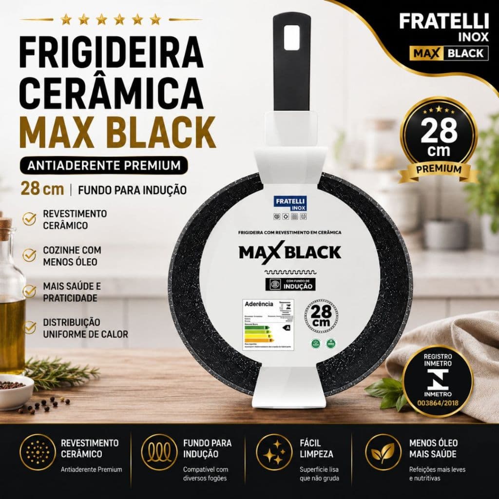 Frigideira Antiaderente Ceramica Fundo Inducao 28cm Preta Alta Durabilidade