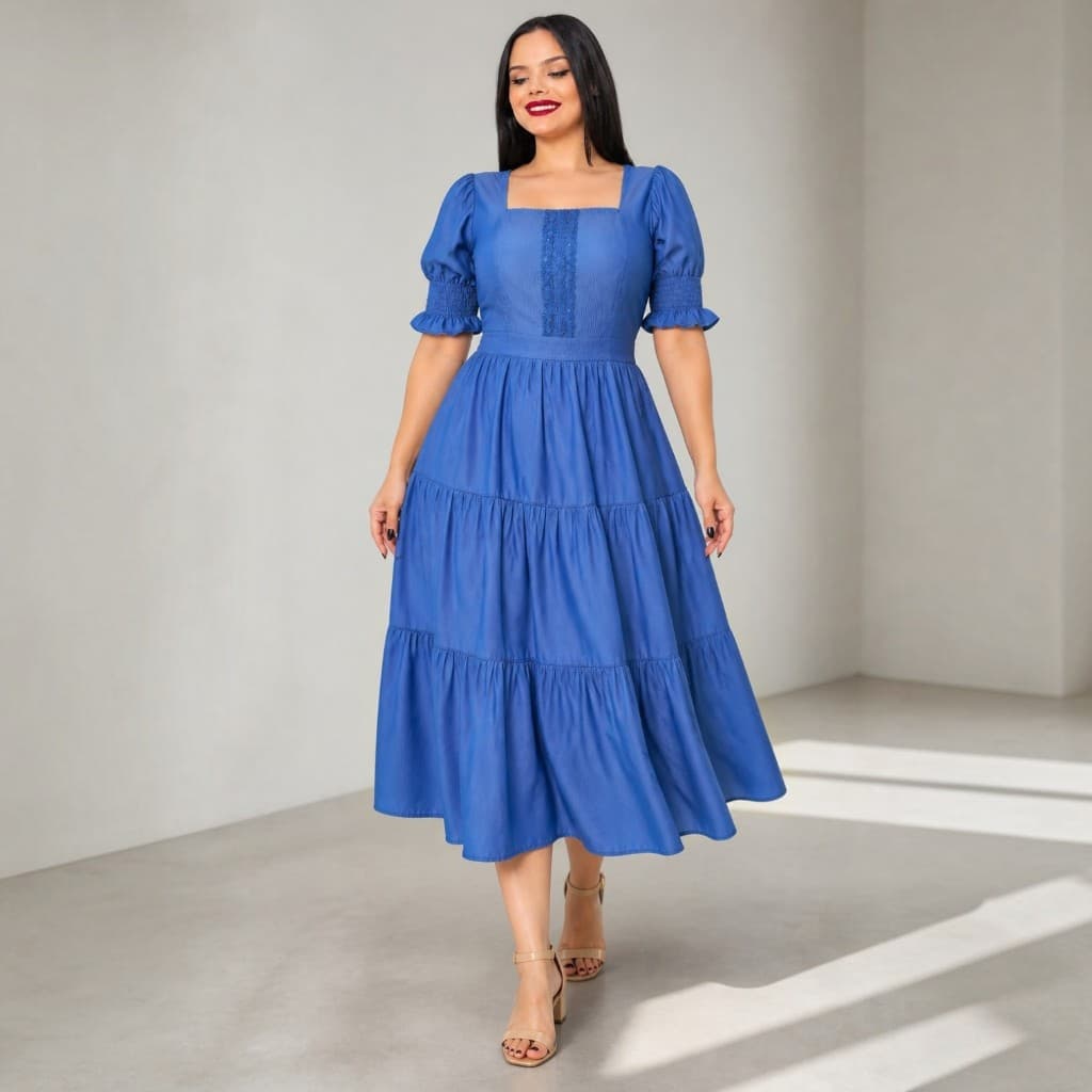 Vestido Midi Feminino Elegante com Renda – Manga Bufante  Moda Evangélica  Casual e Festa