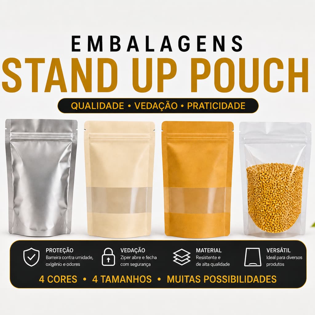 Sacos Stand Up Pouch Kraft com Visor - Aceita Carimbo - Zip Lock Kit Com 10, 20 e 50 sacos
