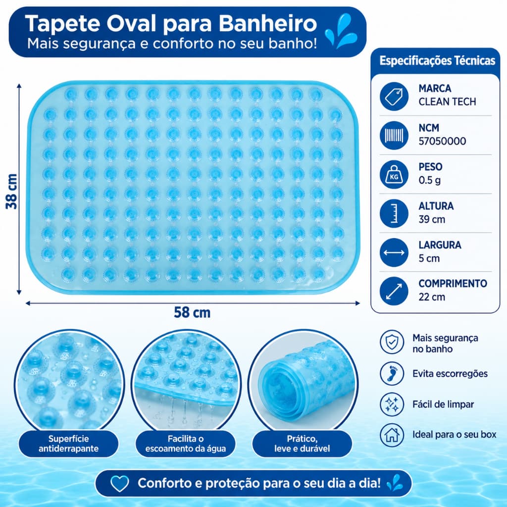Tapete para Box  banheiro antiderrapante ventosa  piscina Retangular  borracha