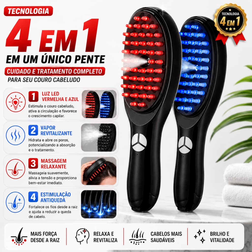 Escova Massageadora com Laser 4 em 1 – Tratamento Capilar e Estimulação Antiqueda