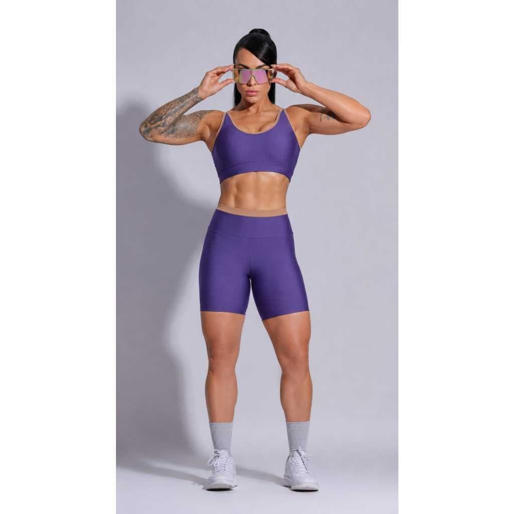 Conjunto Fitness Feminino Top Alça Larga + Bermuda Cintura Alta Roxo