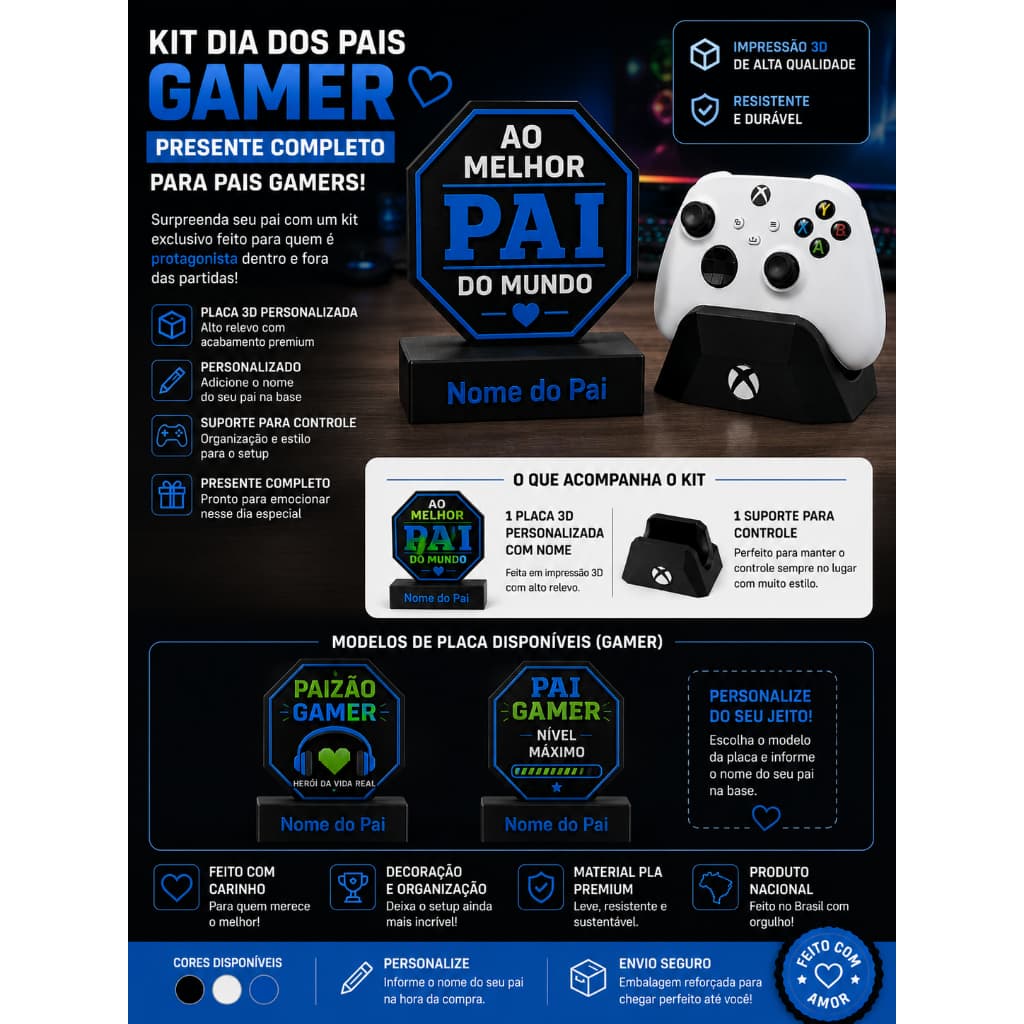 Kit Dia dos Pais Gamer Personalizado | Placa 3D com Nome + Suporte para Controle Xbox | Presente Criativo
