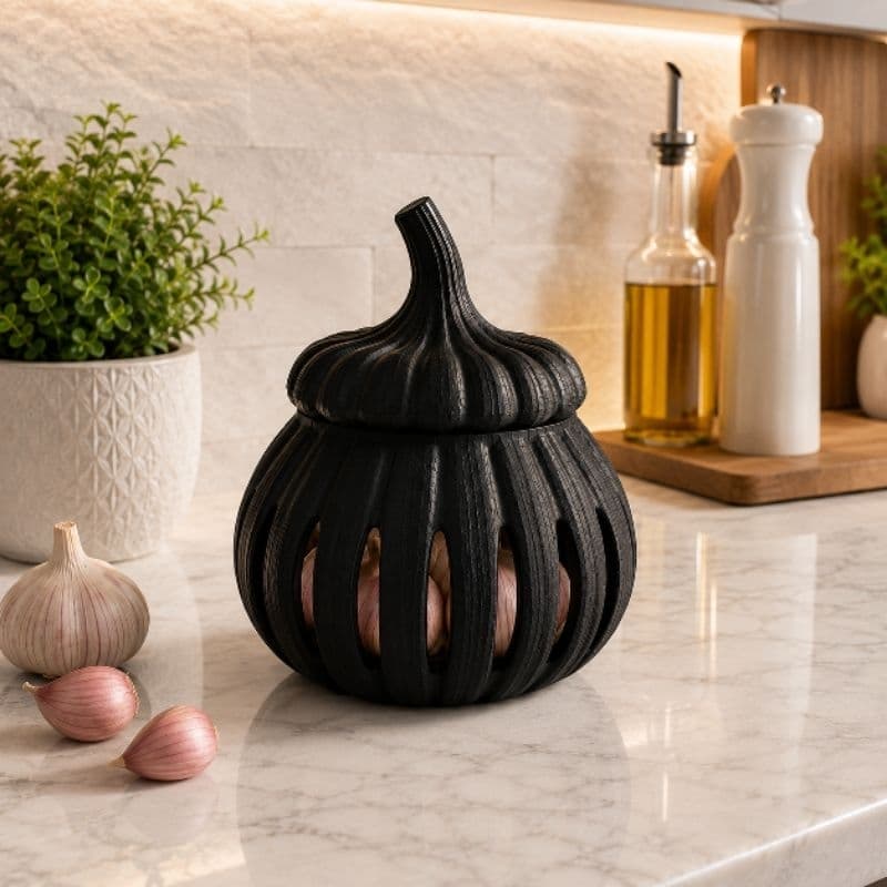 Porta Alho Preto Organizador Ventilado para Cozinha Tampa Removível Decoração Premium 3D
