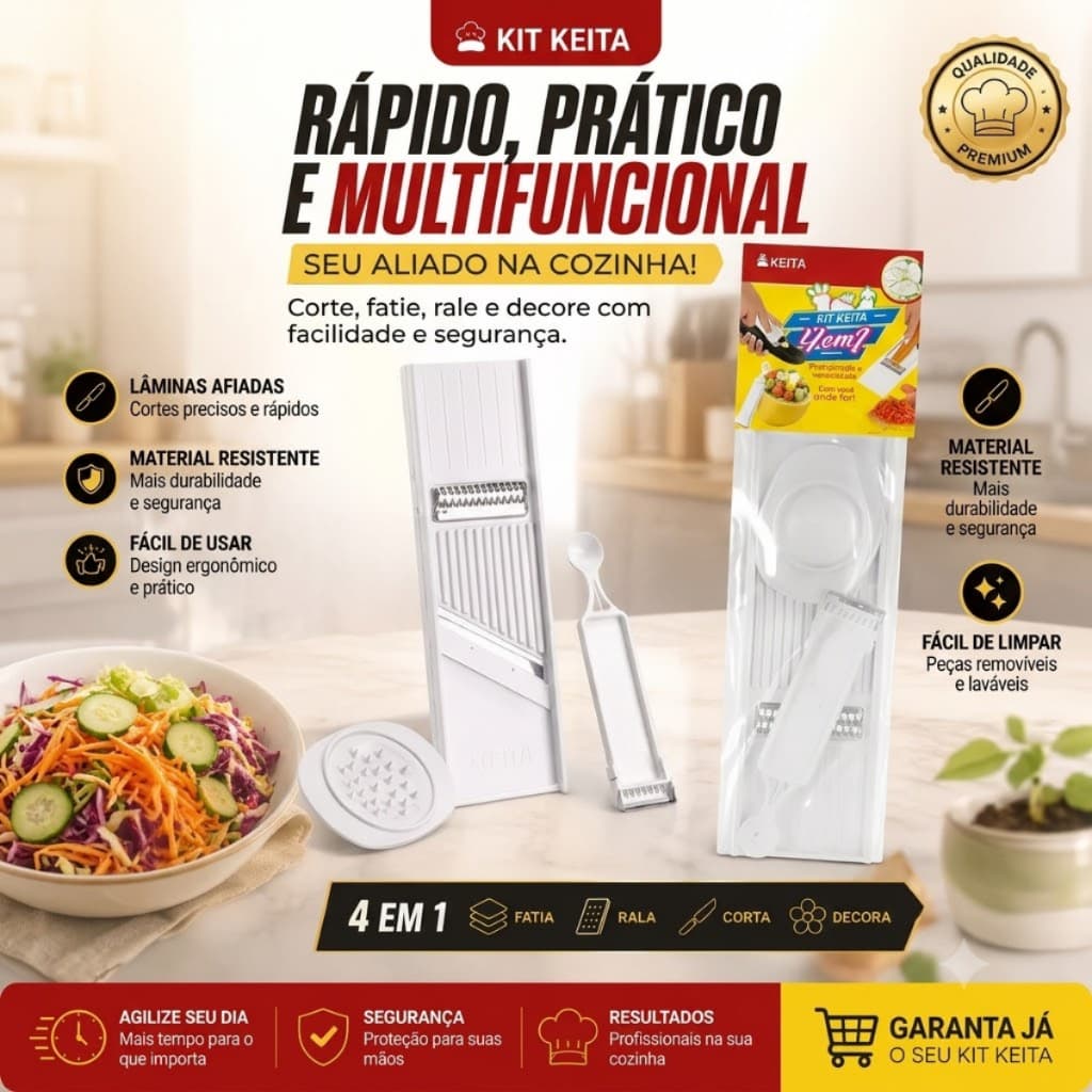 Kit Cortador de Legumes 4 em 1 Keita Ralador Descascador Fatiador Aço Inox