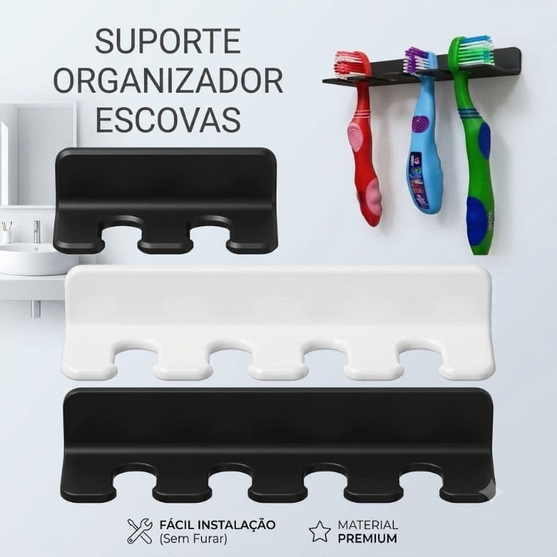 Suporte Organizador para Escovas de Dente Fixação na Parede Sem Furos Banheiro