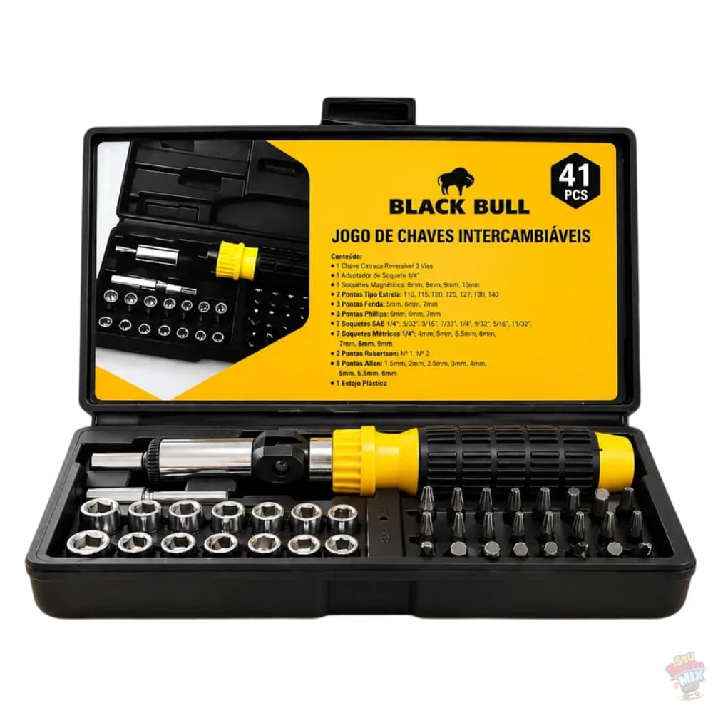 Jogo de Chaves Intercambiáveis 41 Peças com Catraca Reversível 3 Vias 1/4 Kit Completo