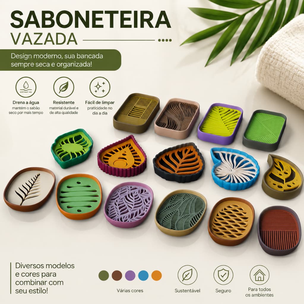 Saboneteira Vazada Decorativa 12x8 cm | Porta Sabonete Moderno | Impressão 3D Premium | Diversos Modelos