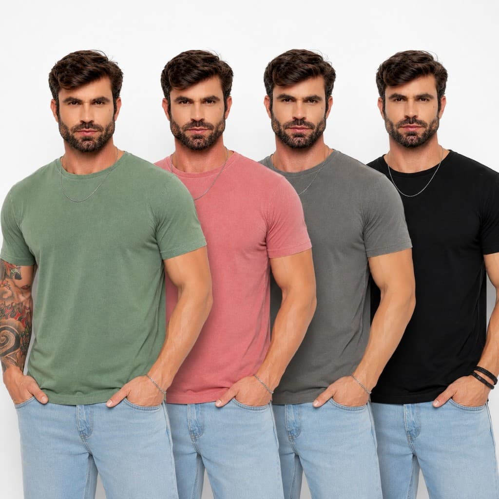 Camiseta Masculina Estonada Malha Lavada 100% Algodão Premium Básica Casual