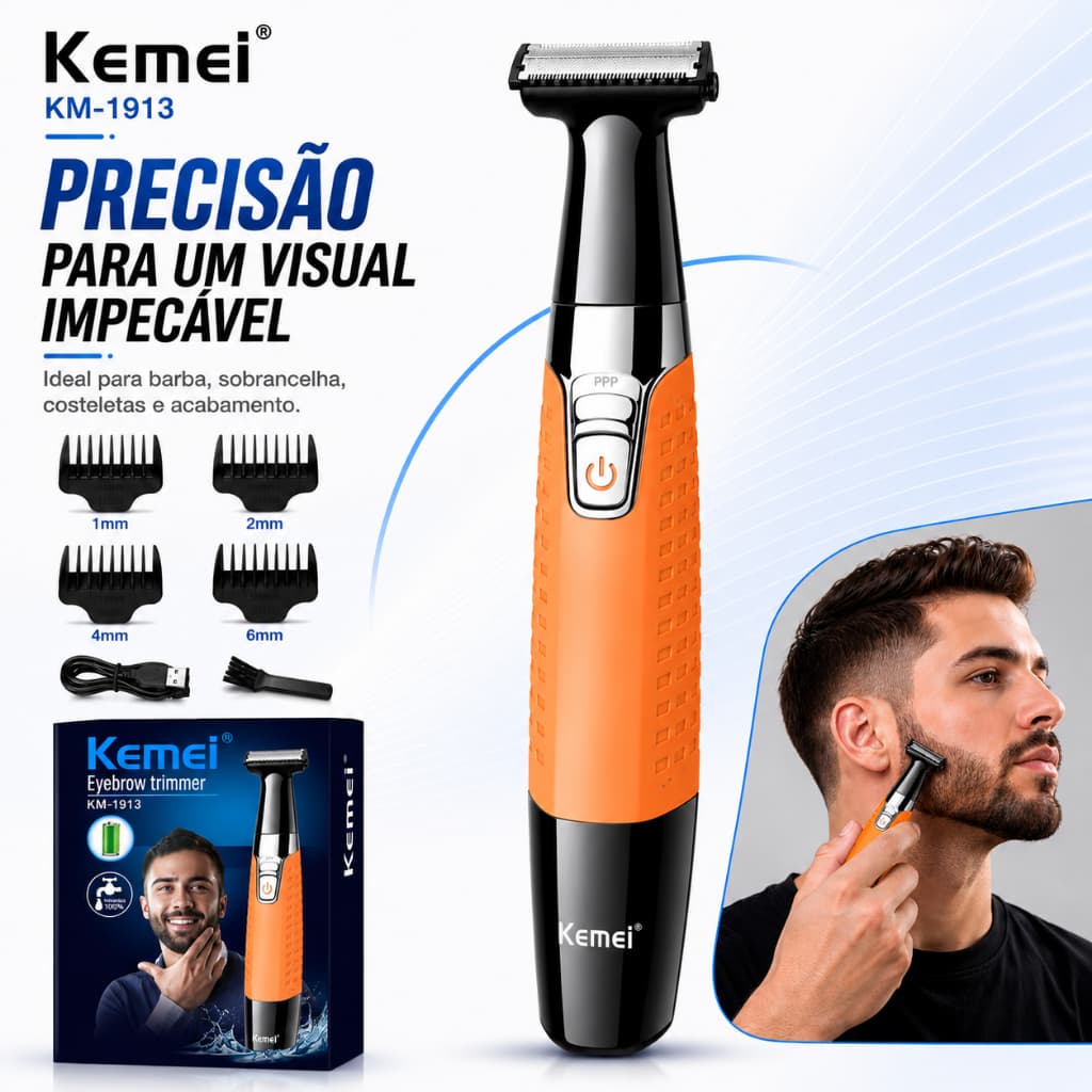 Barbeador Elétrico e Aparador de Barba Kemei KM-1913 USB Recarregável Sem Fio para Pelos Faciais e Corporais