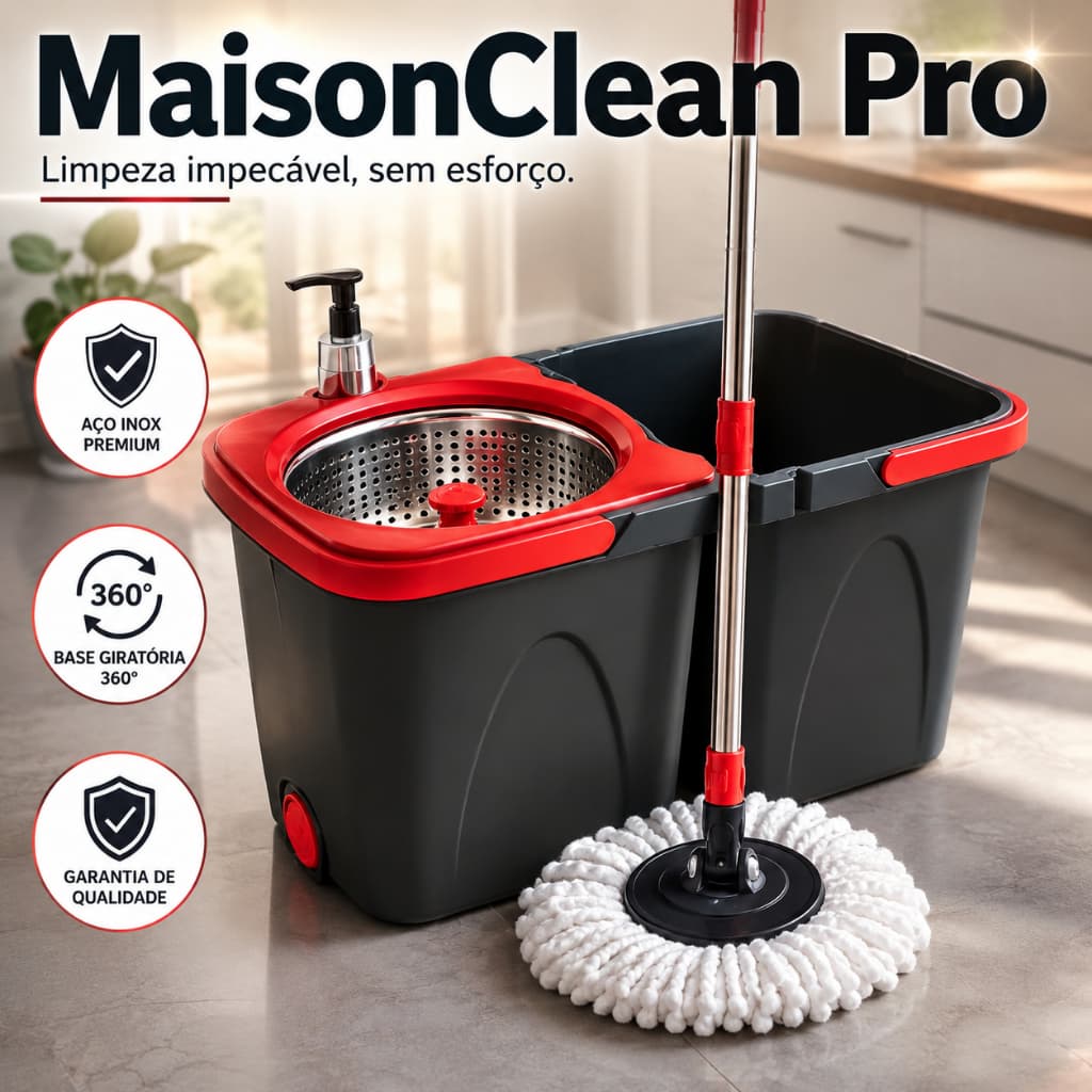 Mop Giratório 360° com Balde Duplo e Centrífuga em Aço Inox Esfregão Microfibra MaisonClean Pro