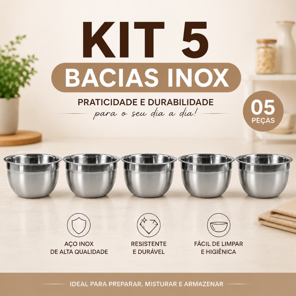 Kit Tigelas de Inox Funda Bowl 20cm Bacia Inox Saladeira Pote Multiuso Cozinha