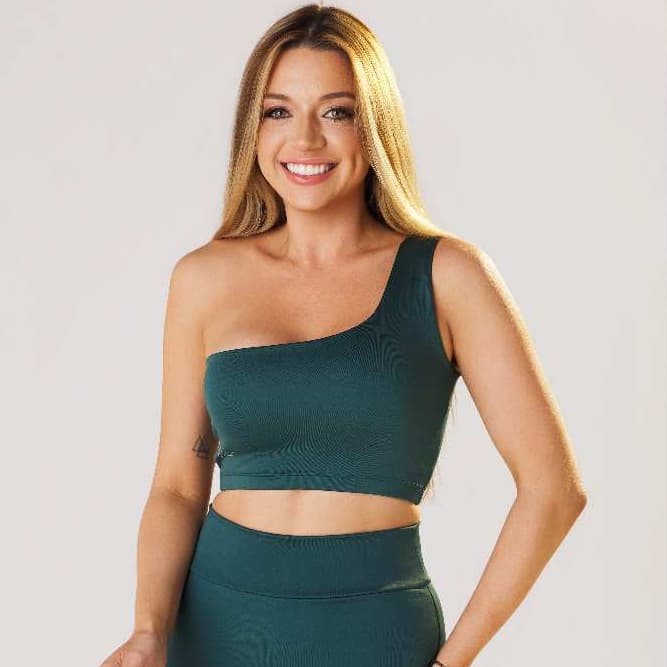Conjunto Fitness Poliamida Calça Flare Bailarina e Top Assimétrico Um Ombro Só
