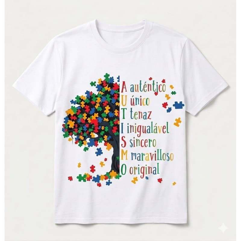 Camiseta Autismo Árvore Quebra-Cabeça TEA Consciência Inclusão Algodão Premium Unissex Infantil Adulto