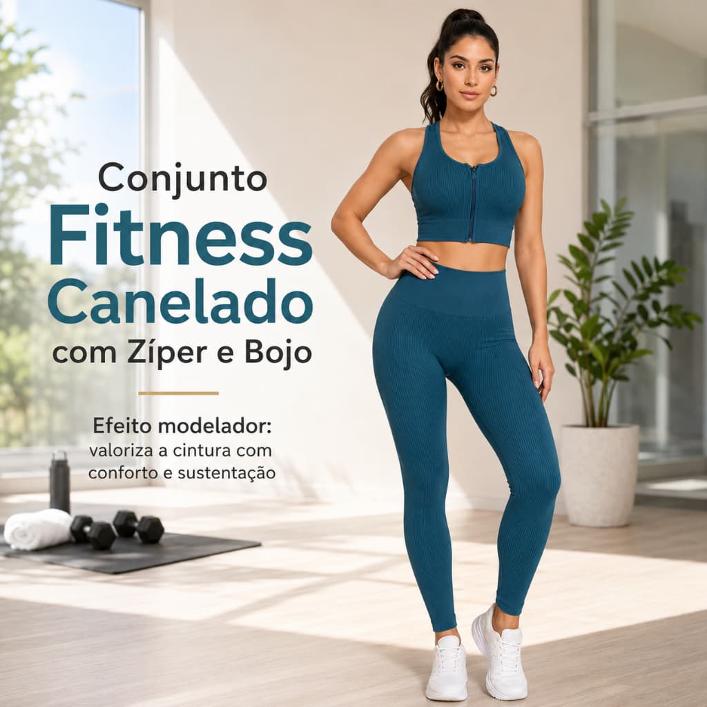 Conjunto Fitness Feminino Canelado com Bojo, Top com Zíper e Legging Cintura Alta