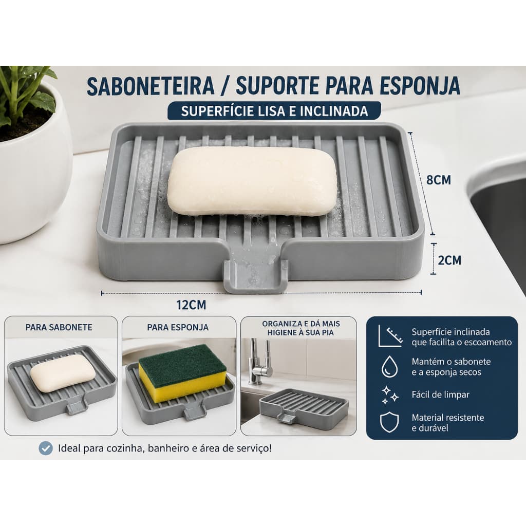 Saboneteira / Suporte para Esponja com Superfície Lisa e Inclinada – Praticidade e Higiene para sua Pia