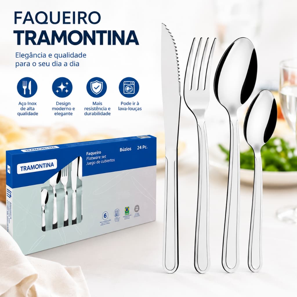 Jogo de Talheres Tramontina Búzios 24 Peças Aço Inox Original Garfos Facas Colheres