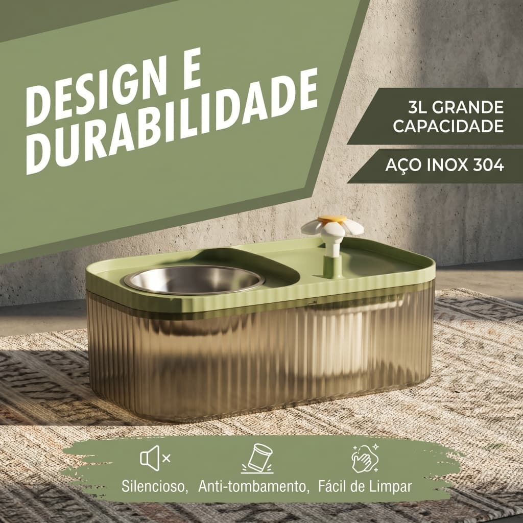 Fonte de Água com Tigela de Aço Inoxidável 2 em 1 para Pets | Bebedouro + Comedouro | Bico Margarida Atrai o Pet | Tigel