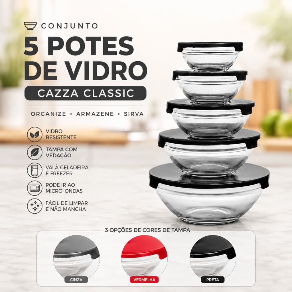 Conjunto 5 Potes de Vidro Herméticos para Marmita Fitness com Tampa Plástica