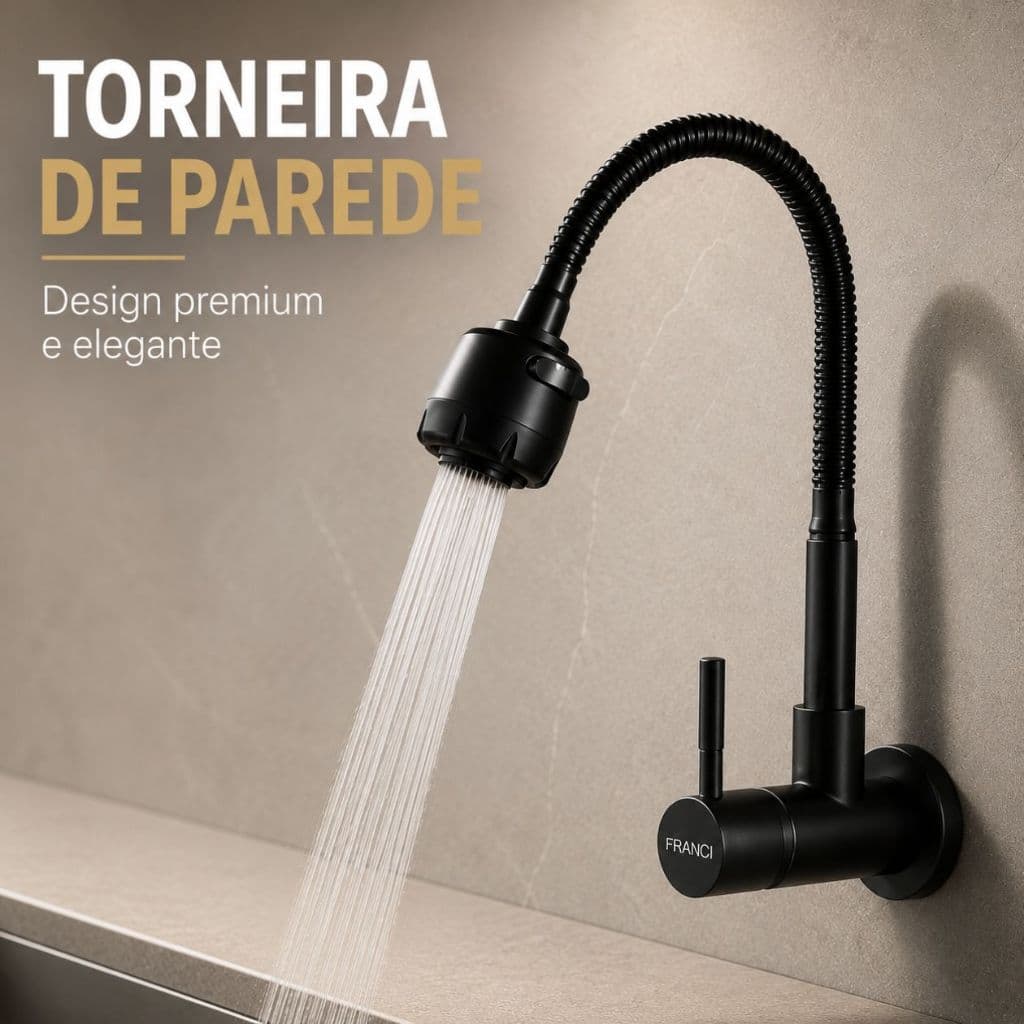 Torneira Parede Gourmet Preta Flexível Metal Arejador 2 Tipos de Jato Para Banheiro Cozinha e lavabo