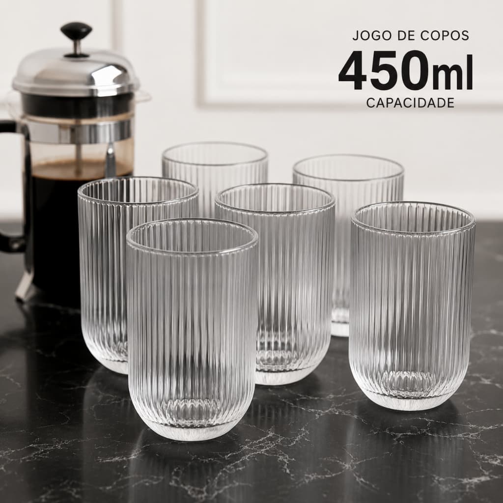 Kit 6 Copos de Vidro Canelado 450ml Elegante Resistente Whisky Suco Agua Premium