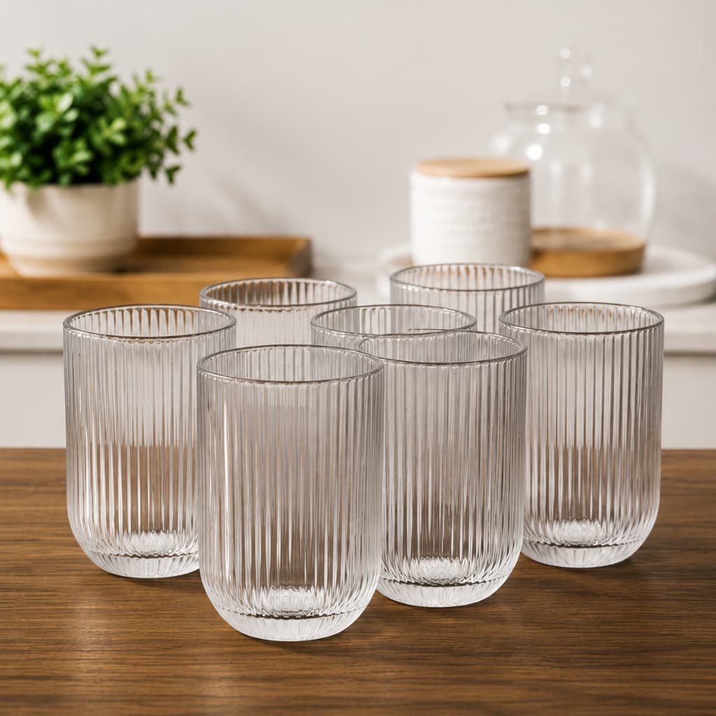 Kit Copos Canelados 450ml Vidro Elegante Para Casa 6 Unidades