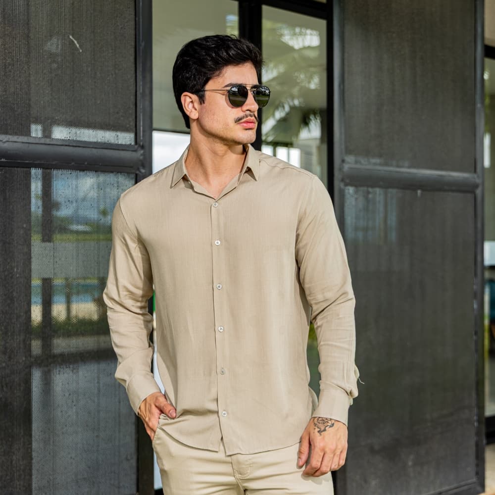Camisa Social Masculina Manga Longa Casual Textura Linho Elegante Trabalho
