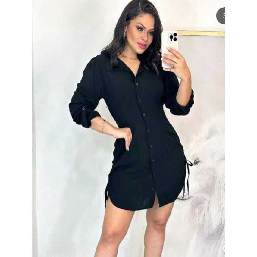 Vestido Chemise Feminino Manga Longa com Botões Ajuste Lateral Elegante Casual Premium