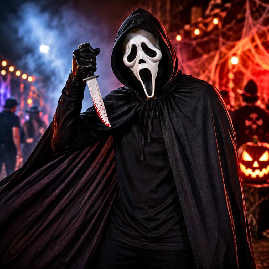 Fantasia Capa Preta Com Capuz Cetim Adulto Panico Halloween Capa E Mascara Tamanho Unico P M G e GG