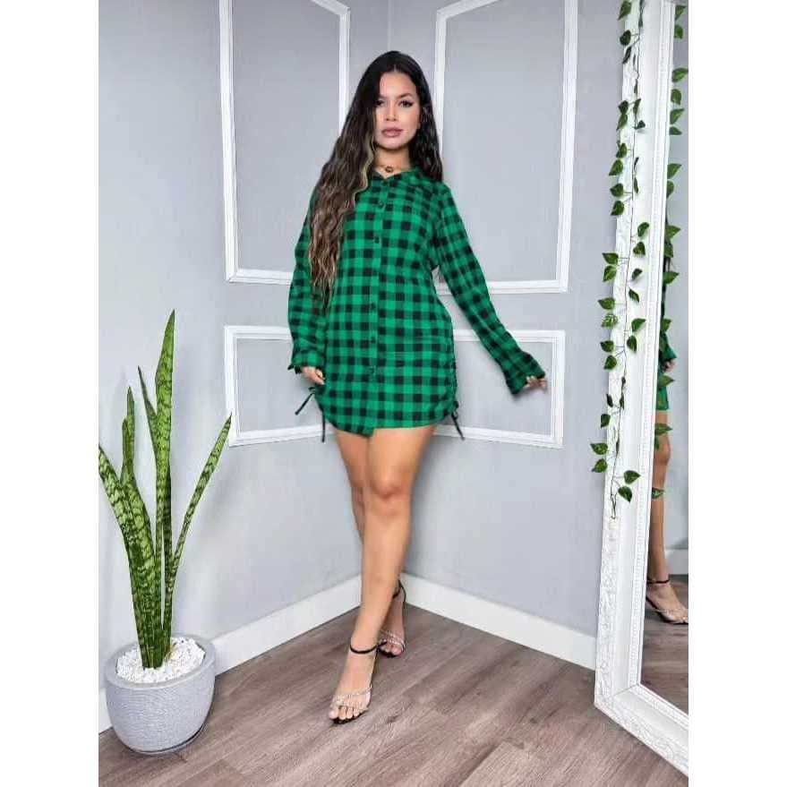 Vestido Xadrez Feminino Chemise  com Manga Longa e Botões – Estilo Blogueira Elegante e Versátil