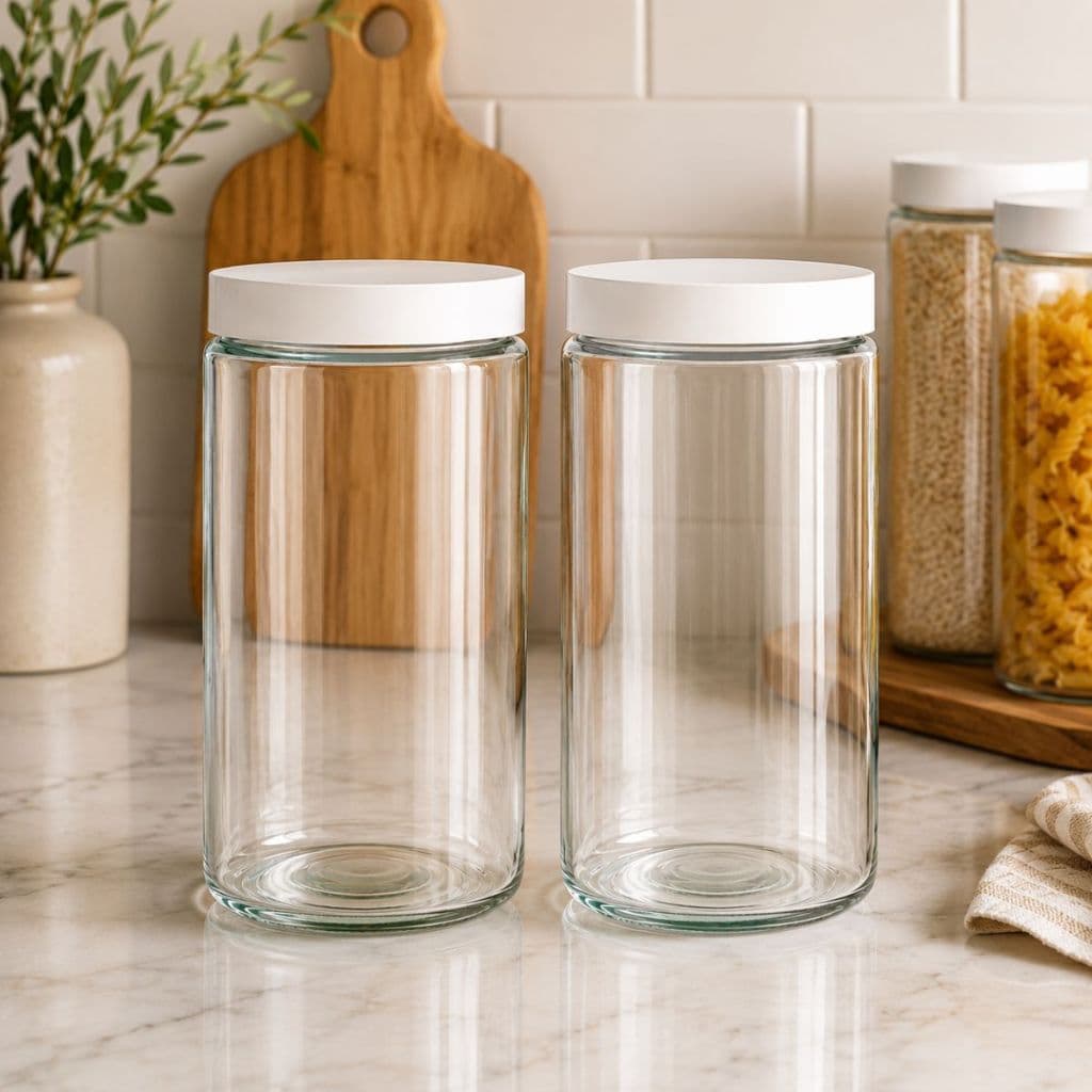 Kit De 2 Potes De Vidro Com Tampa De Rosca Preta E Branco Para Organização De Cozinha 1600ml